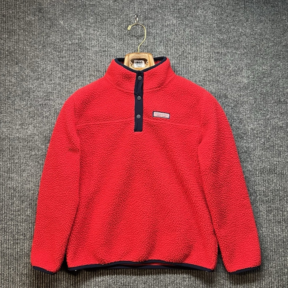Vineyard Vines Sherpa Sweater Jacket Boys Size Large (14) Red 1/4 Snap Warm Prep